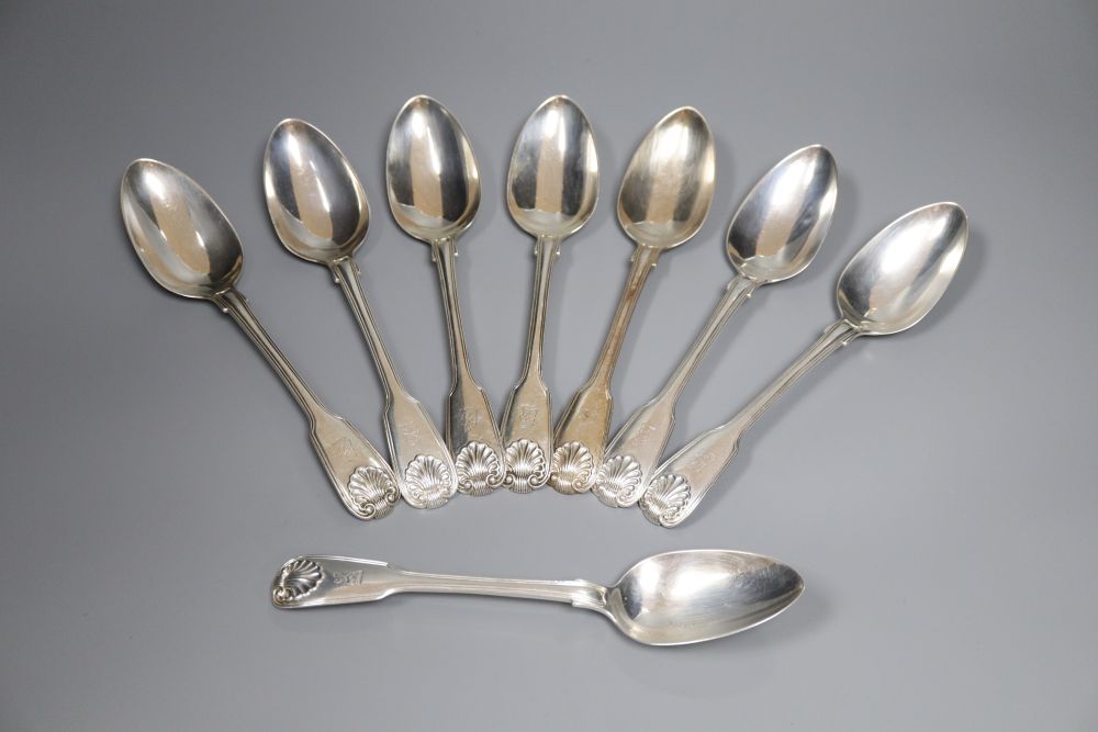 A set of eight George IV silver double struck, fiddle, thread and shell pattern table spoons, William Chawner II, London, 1824,